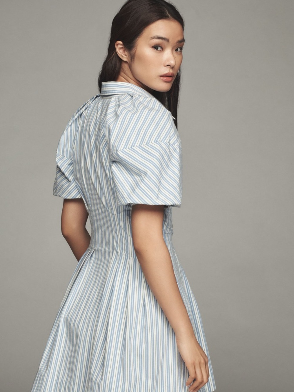 Anthropologie Blue and White Striped Puff-Sleeve Mini Dress - Picture 2 of 5